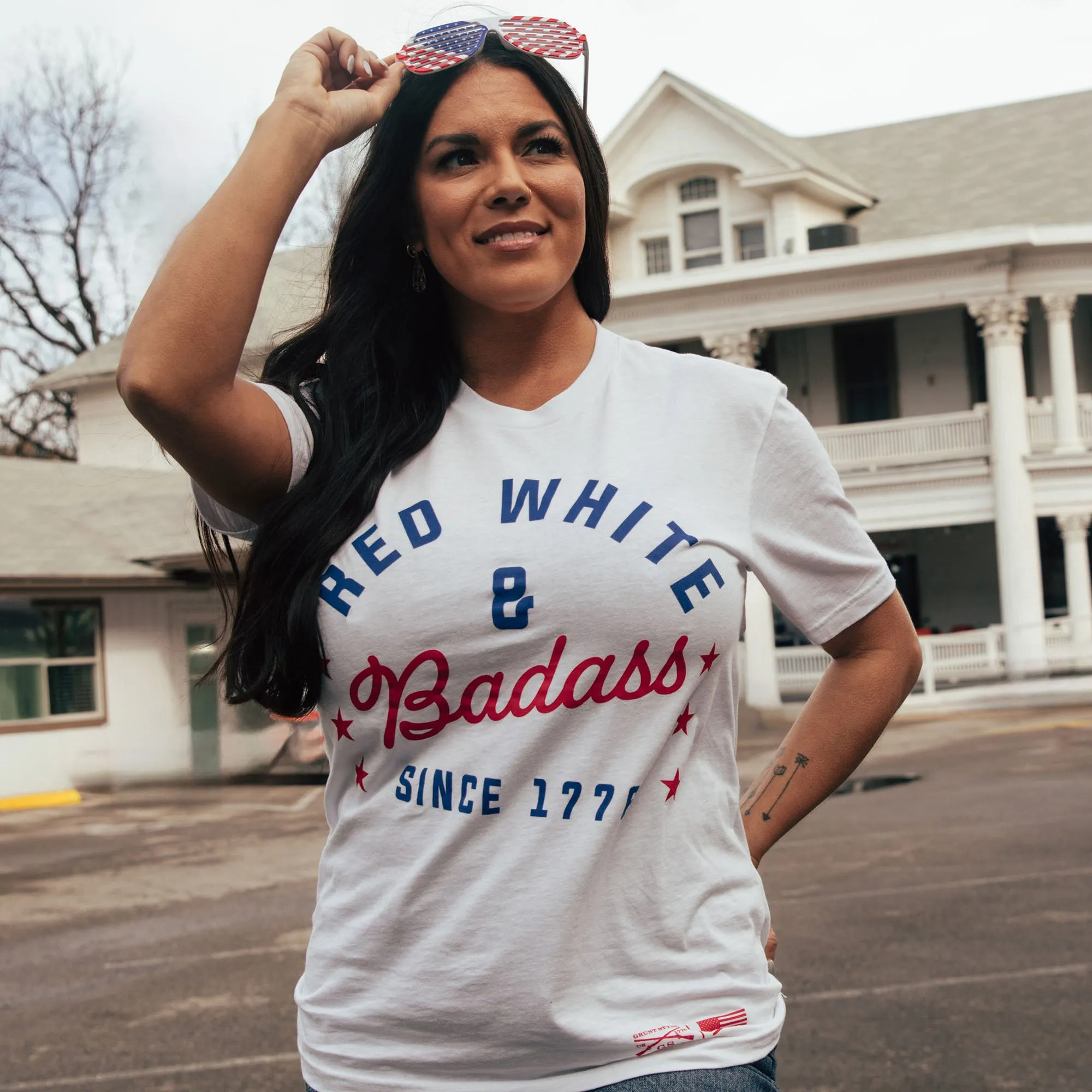 Women's Red, White & Badass Boyfriend Fit T-Shirt - White sold by Grunt Style