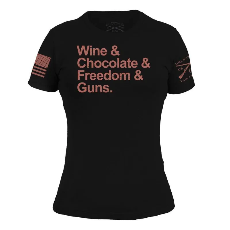 Women's Wine & Chocolate & Freedom & Guns T-Shirt - Black sold by Grunt Style