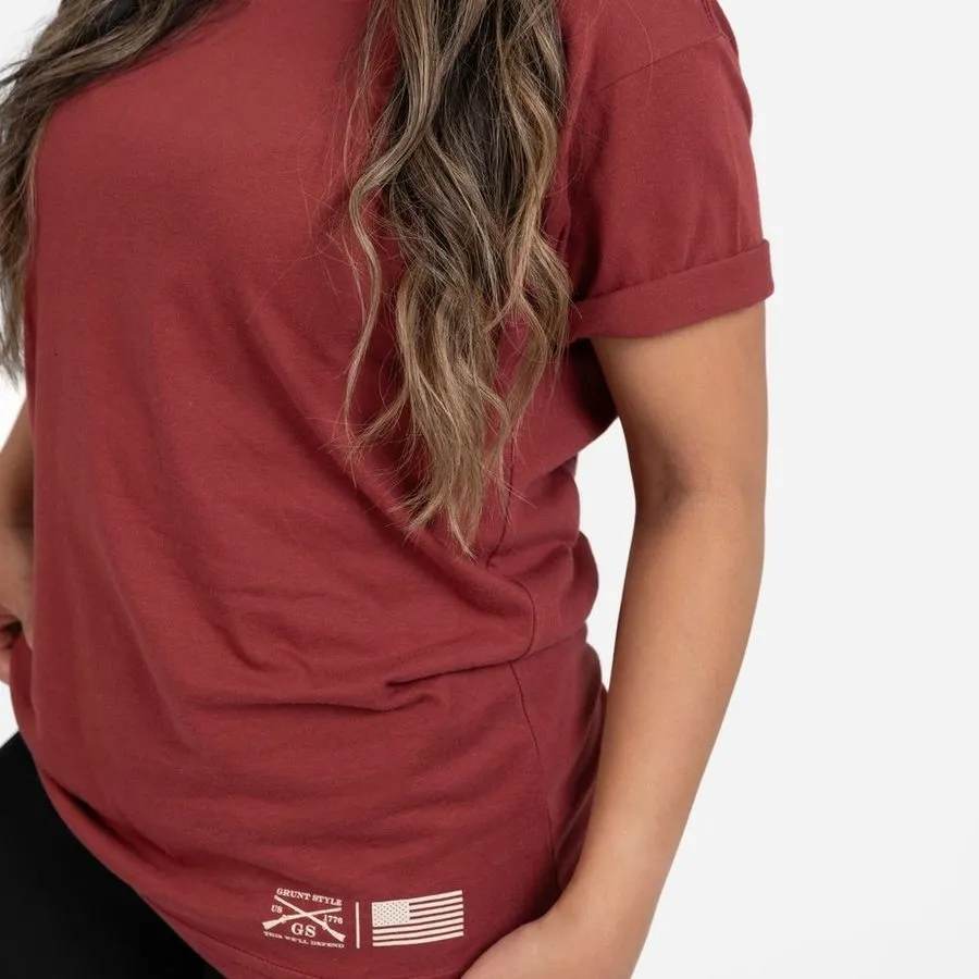 Women's Strength Through Suffering Boyfriend Fit T-Shirt - Red Plum sold by Grunt Style product image thumbnail 4