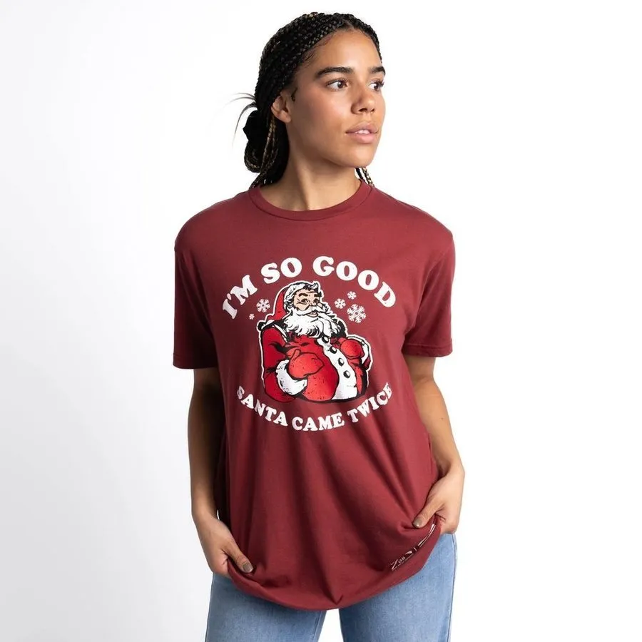 Women's Santa Came Twice Boyfriend Fit T-Shirt - Red Plum sold by Grunt Style product image thumbnail 4