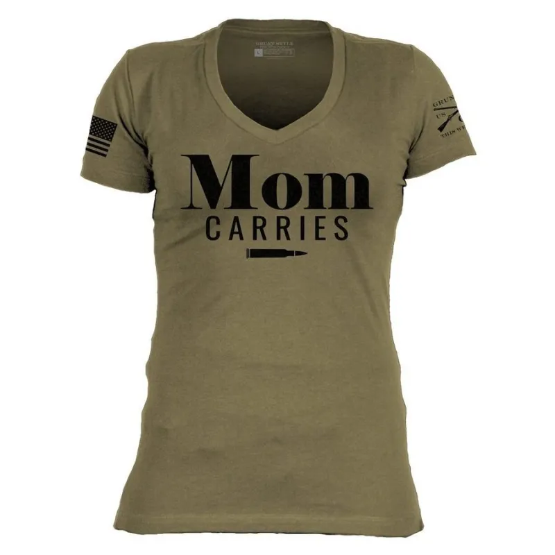 Women's Mom Carries V-Neck - Military Green sold by Grunt Style