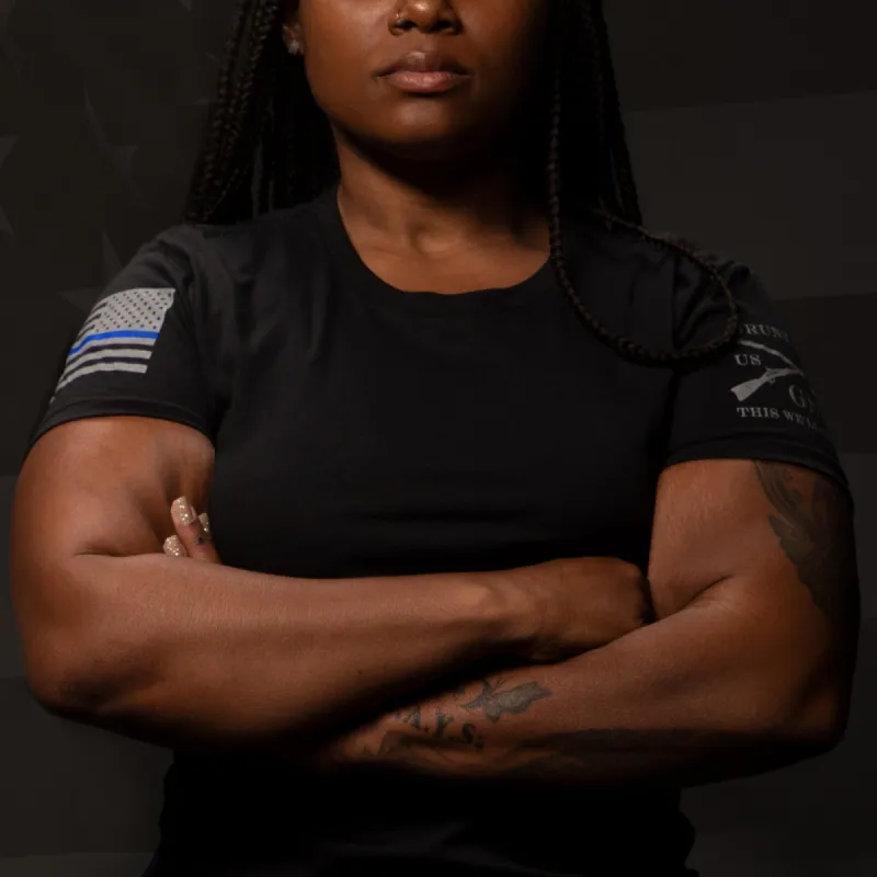 Women's Blue Line Flag Basic Slim Fit T-Shirt - Black sold by Grunt Style