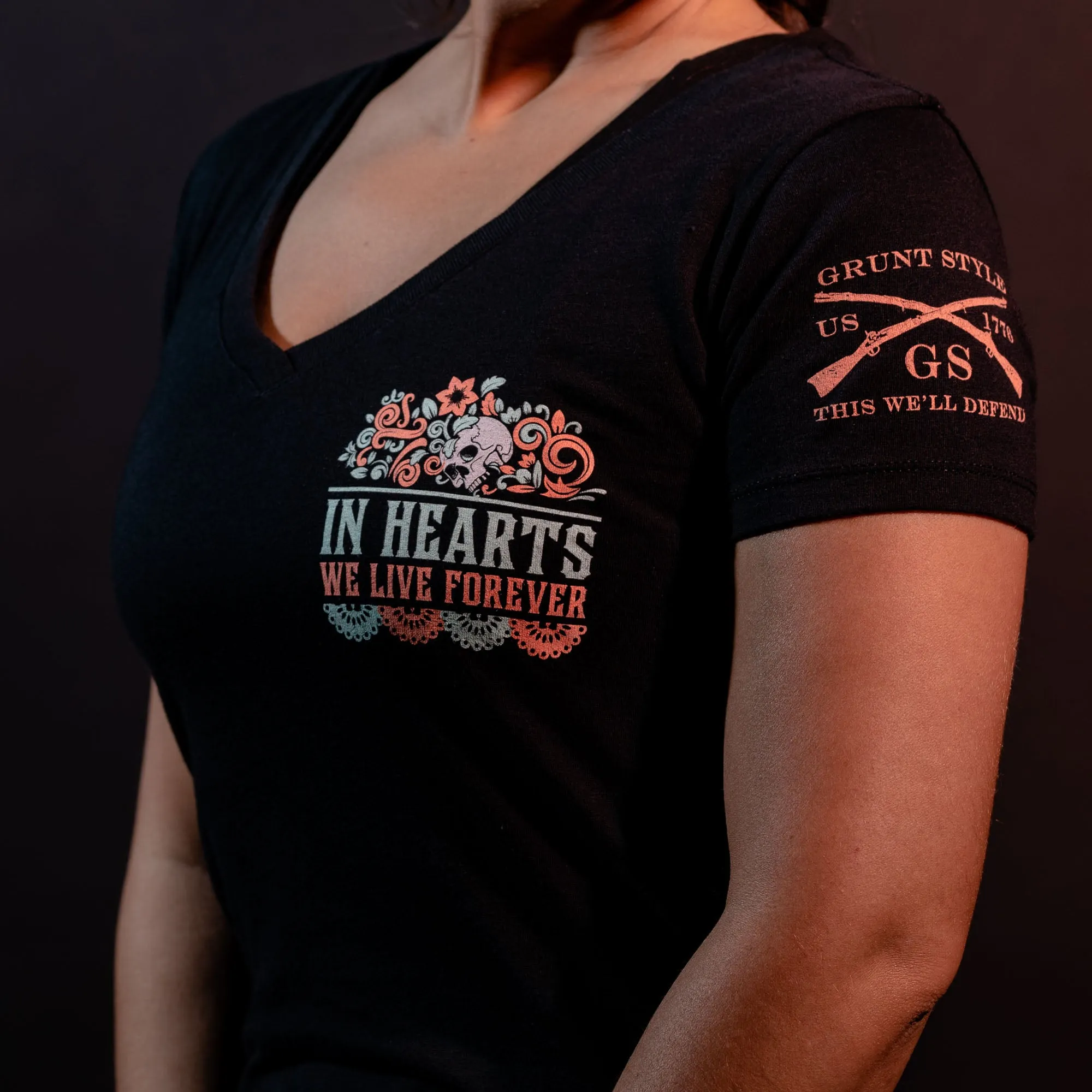 Women's In Hearts We Live Forever V-Neck - Black sold by Grunt Style product image thumbnail 3