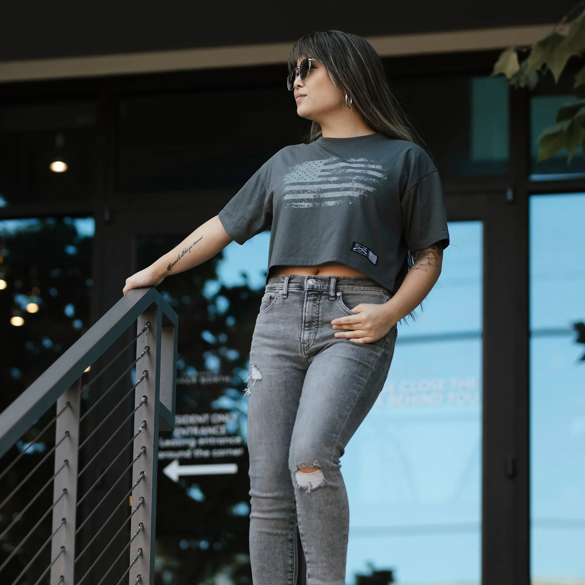 Women's Vintage American Flag Cropped T-Shirt - Heavy Metal sold by Grunt Style product image thumbnail 2