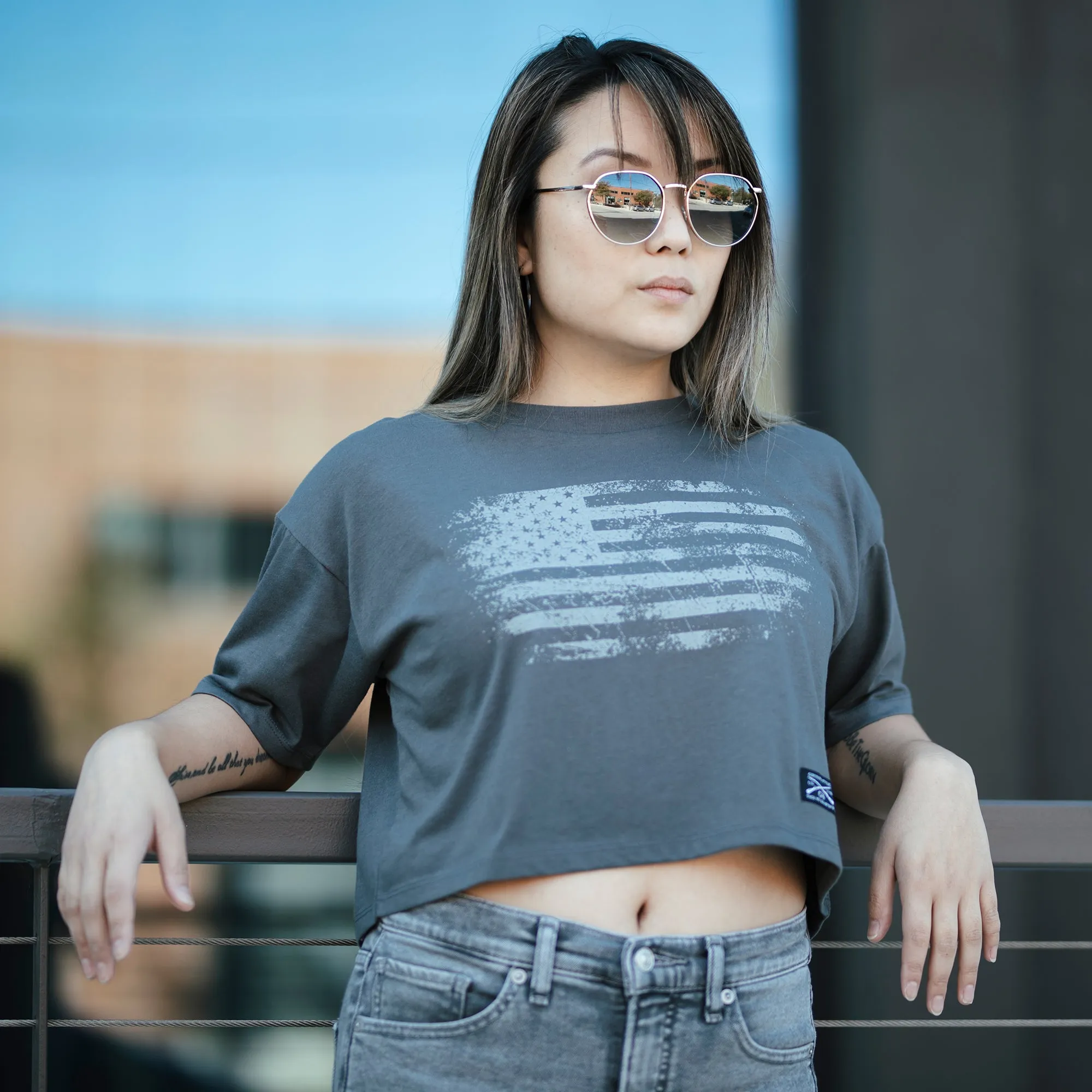Women's Vintage American Flag Cropped T-Shirt - Heavy Metal sold by Grunt Style