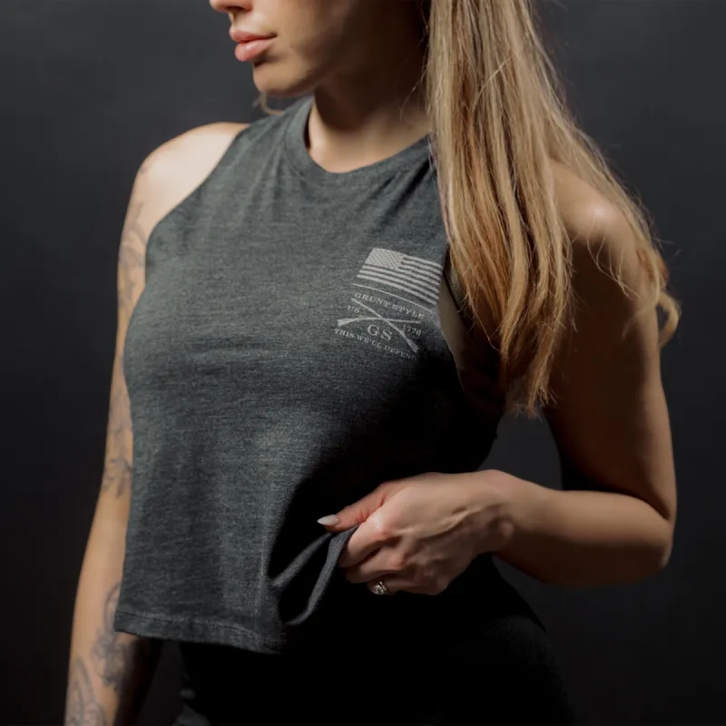 Women's Strength Through Suffering Cropped Tank - Dark Heather Gray sold by Grunt Style