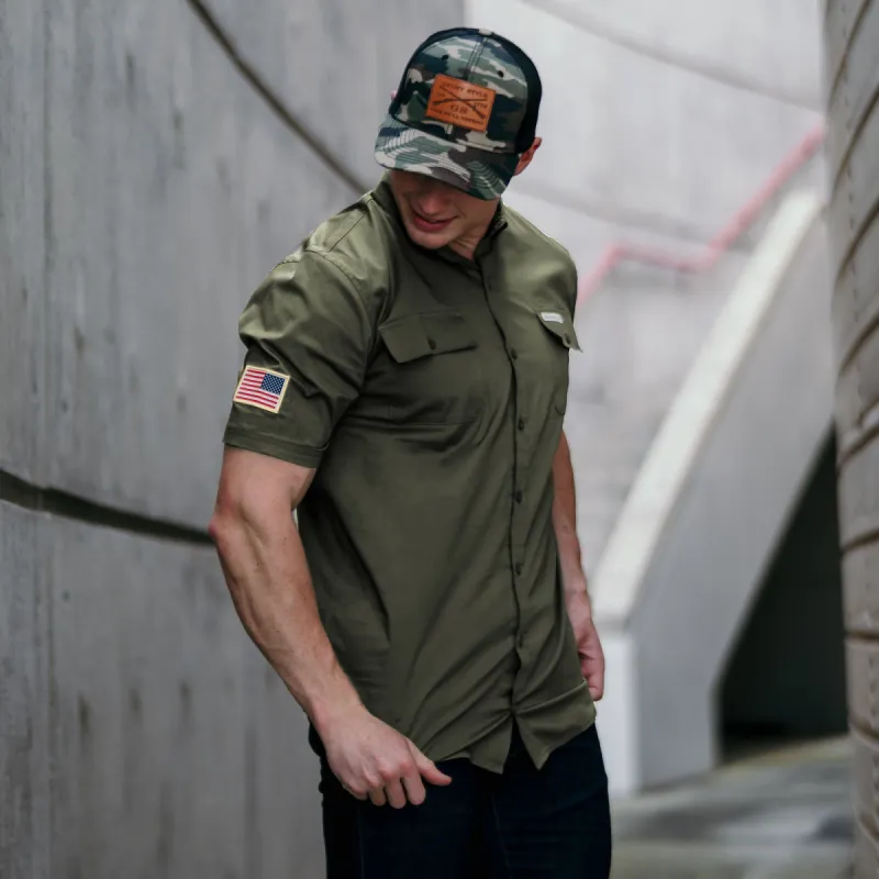 Men's Garage Button Down - Military Green sold by Grunt Style