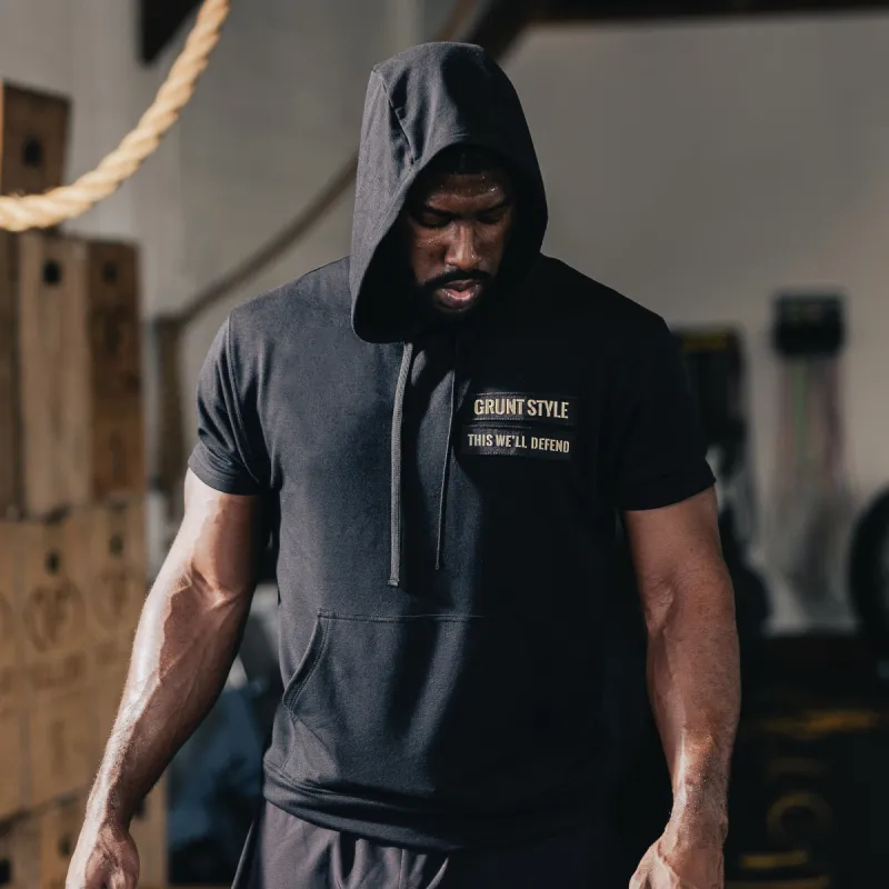 Men's Name Tape Short Sleeve Hoodie - Black sold by Grunt Style