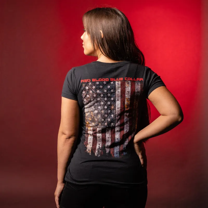 Women's Red Blood Blue Collar® V-Neck - Black sold by Grunt Style