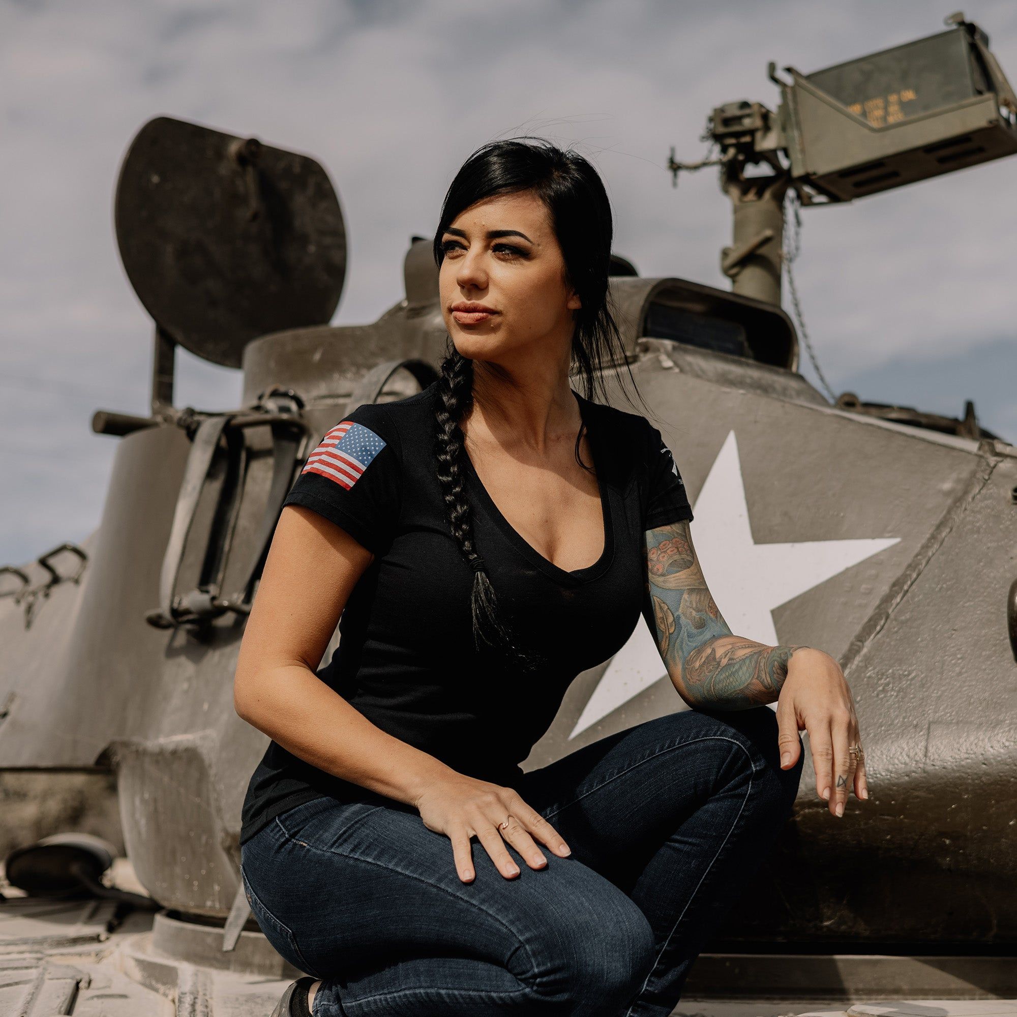 Women's Full Color Flag Basic V-Neck - Black sold by Grunt Style product image thumbnail 2