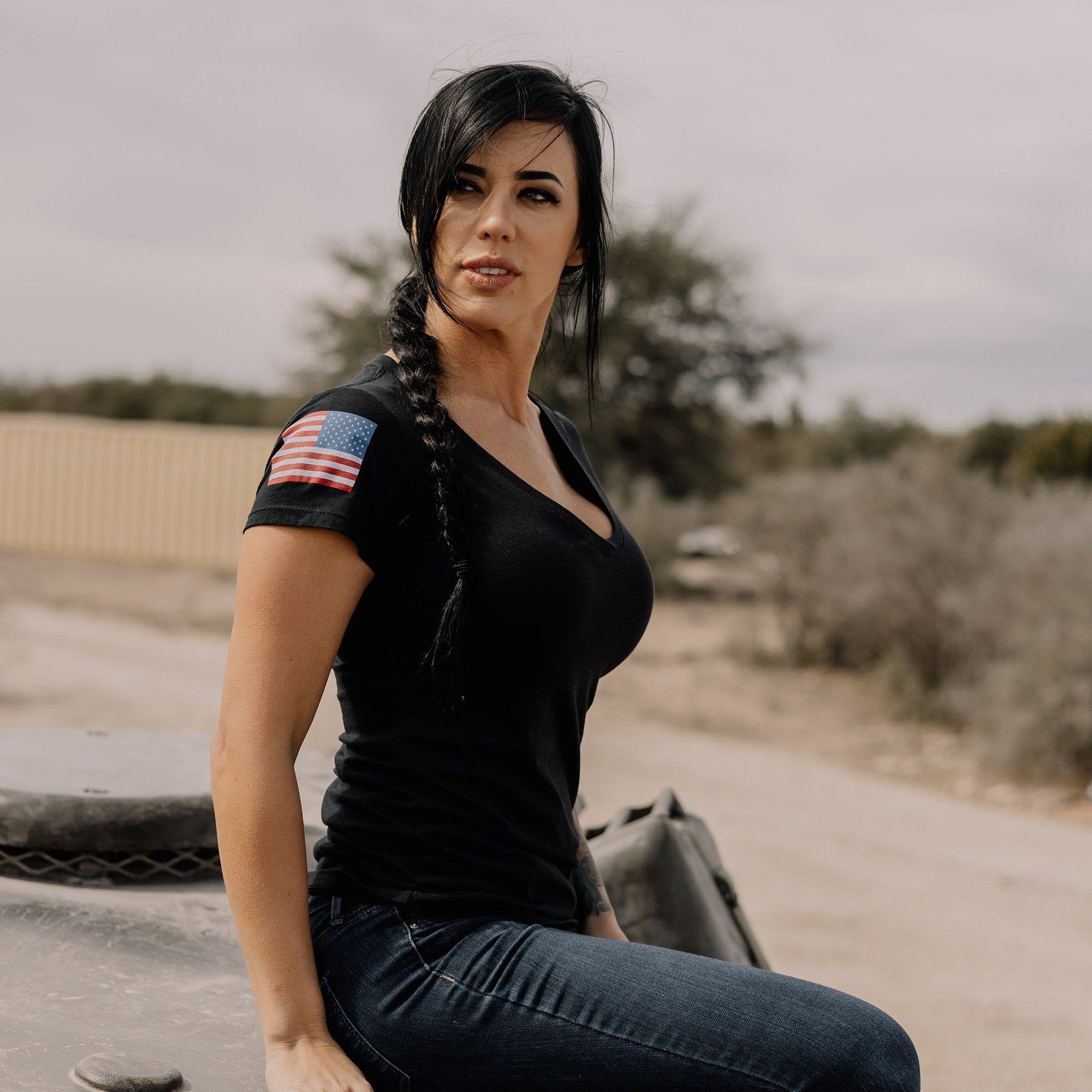 Women's Full Color Flag Basic V-Neck - Black sold by Grunt Style