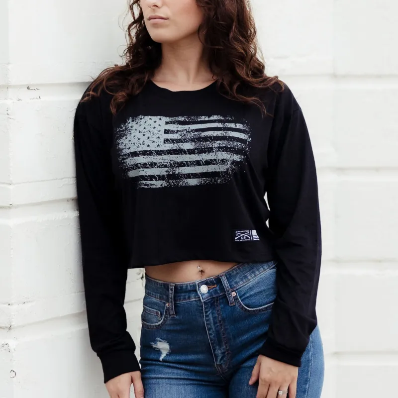 Women's Vintage American Long Sleeve Cropped T-Shirt - Black sold by Grunt Style