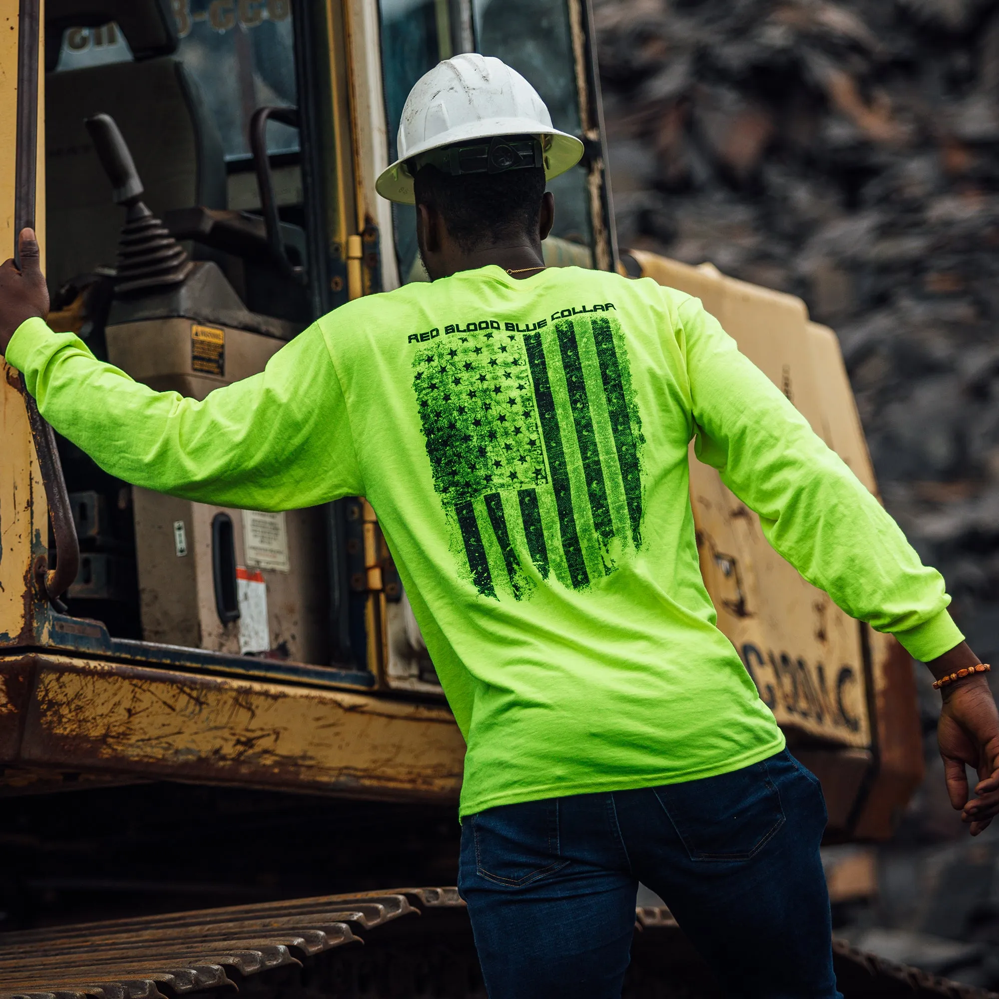 Red Blood Blue Collar® Long Sleeve - Safety Green sold by Grunt Style product image thumbnail 3