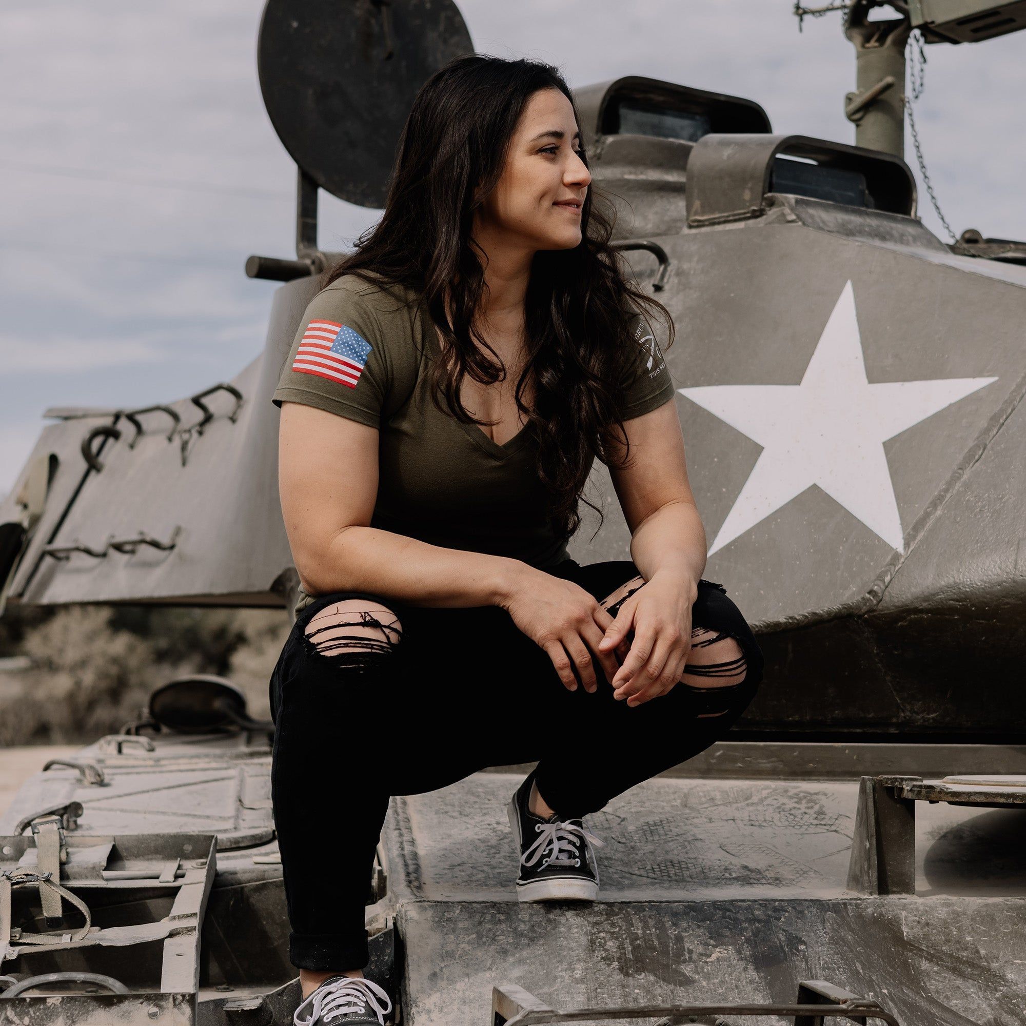 Women's Full Color Flag Basic V-Neck - Military Green sold by Grunt Style product image thumbnail 2