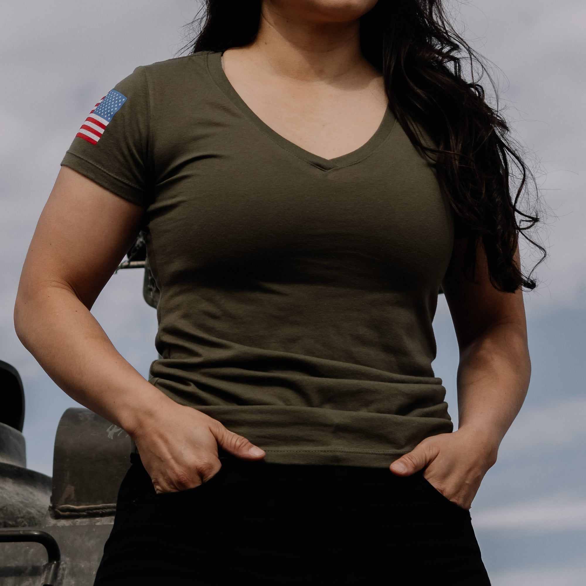 Women's Full Color Flag Basic V-Neck - Military Green sold by Grunt Style