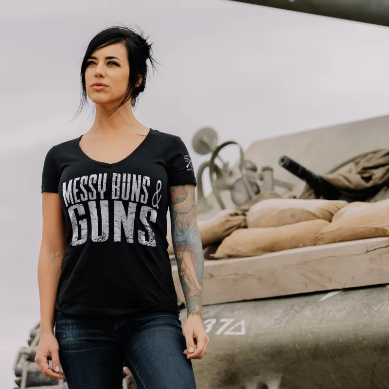 Women's Messy Buns & Guns V-Neck - Black sold by Grunt Style