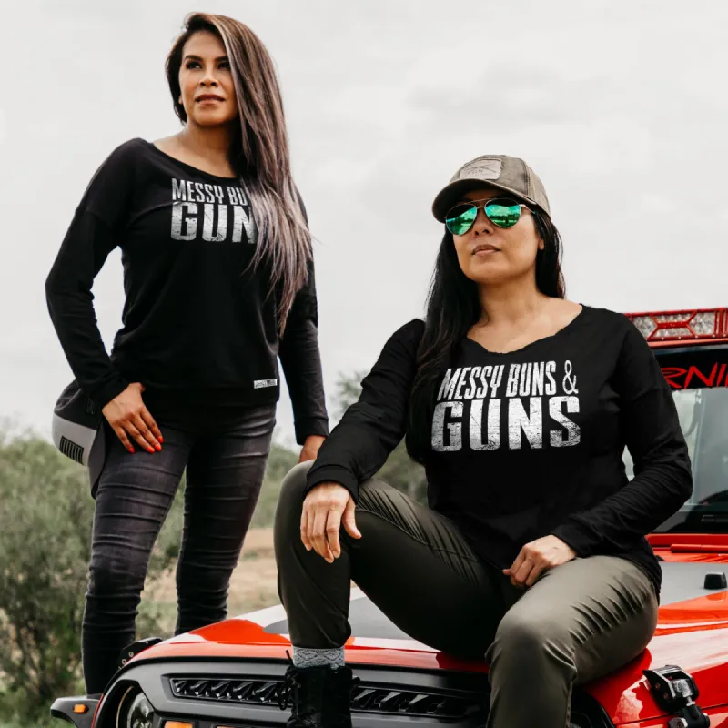 Women's Messy Buns & Guns French Terry Scoop Neck Long Sleeve - Black made by Grunt Style