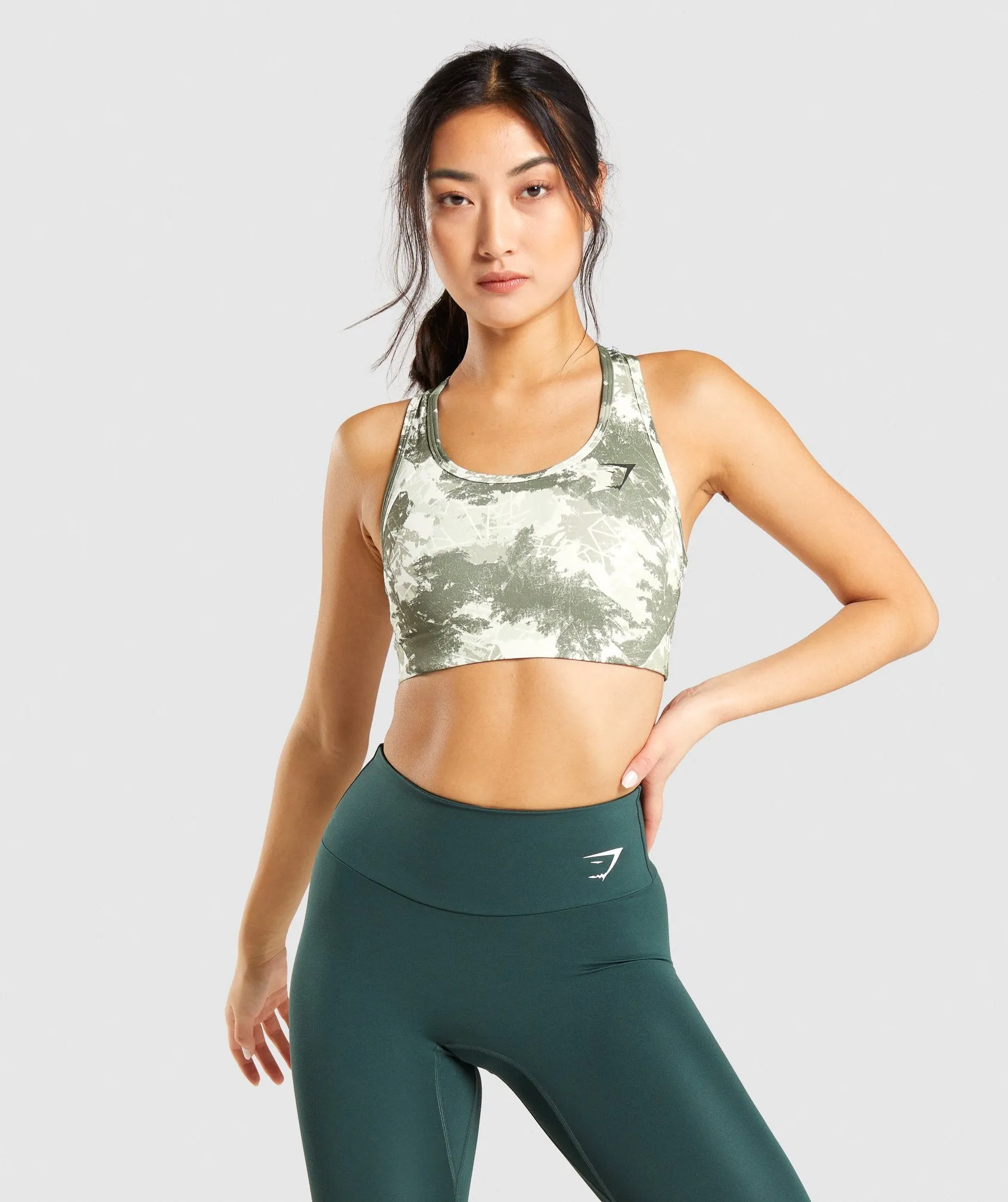 Gymshark Essential Racer Back Sports Bra - Light Green Camo Print sold by Gymshark