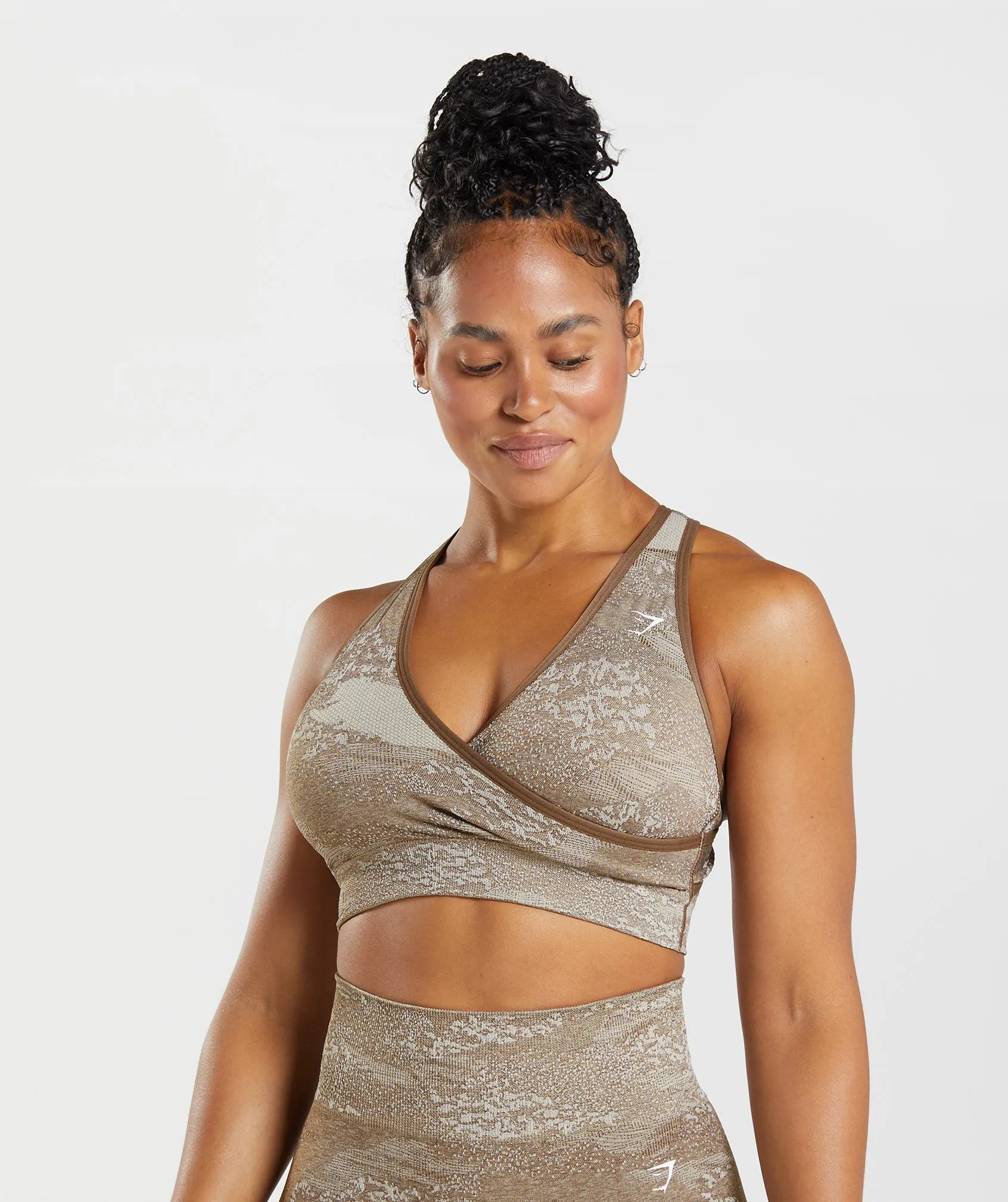 Gymshark Adapt Camo Seamless Sports Bra - Pebble Grey/Soul Brown sold by Gymshark