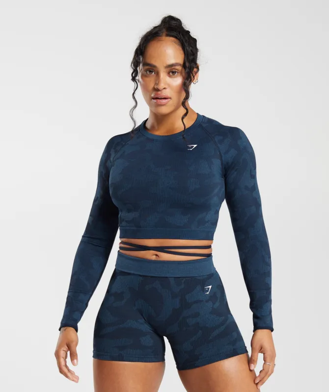 Gymshark Adapt Camo Seamless Ribbed Long Sleeve Crop Top - Midnight Blue/Ash Blue sold by Gymshark