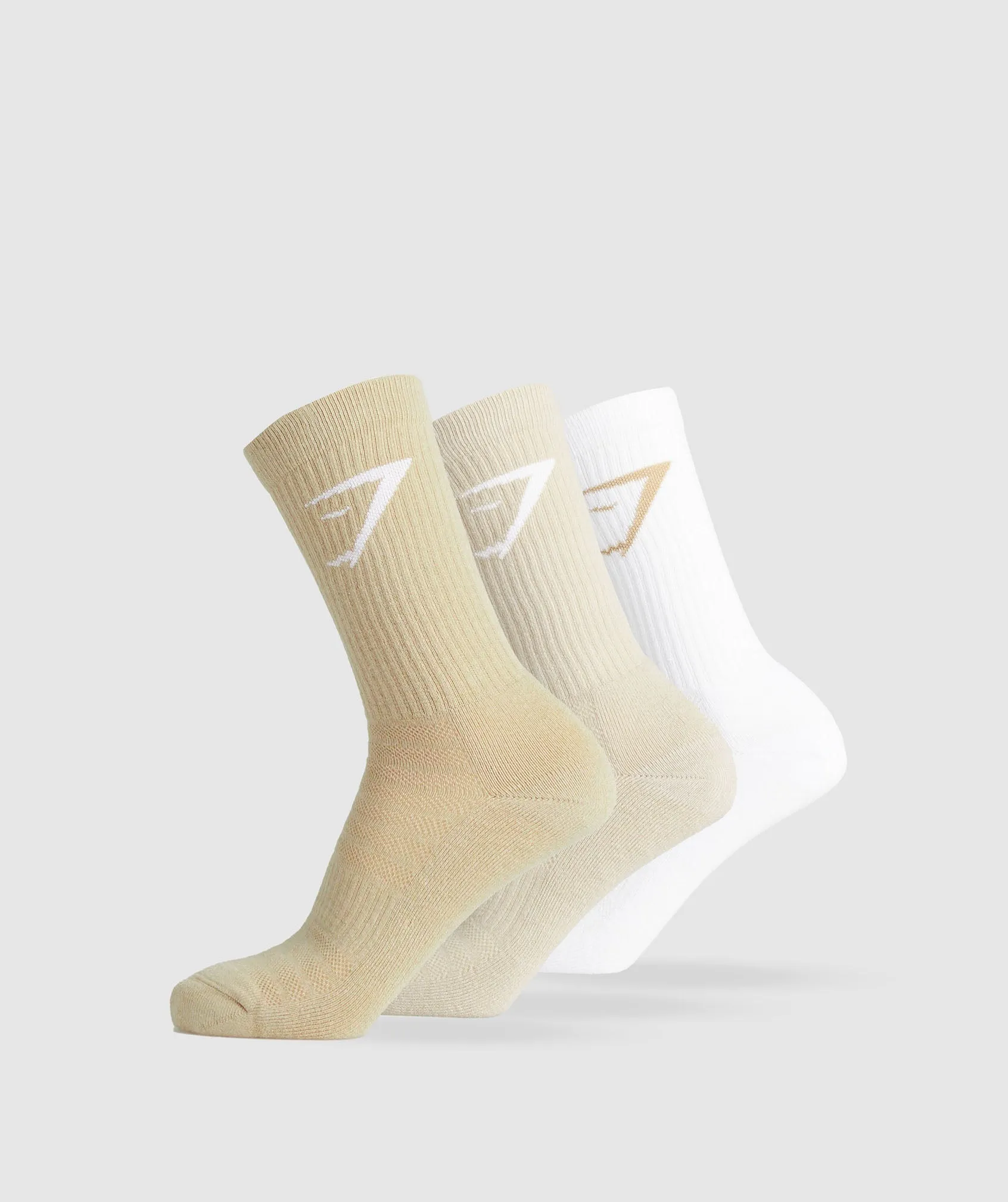 Gymshark Crew Socks 3pk - White/Pebble Grey/Desert Beige sold by Gymshark