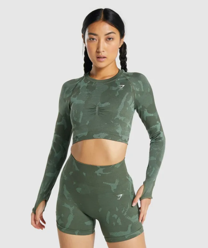 Gymshark Adapt Camo Seamless Long Sleeve Crop Top - Savanna | Green sold by Gymshark