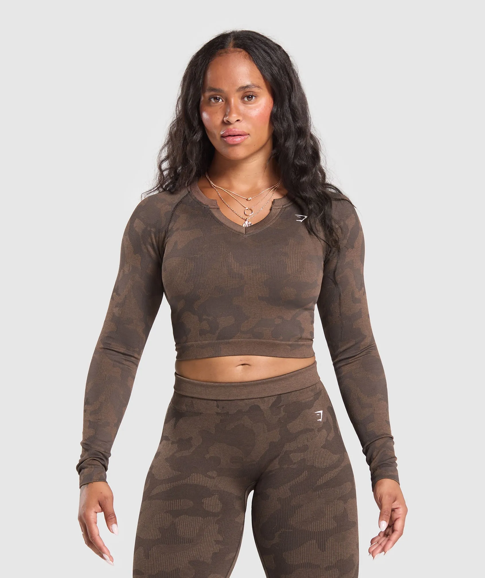 Gymshark Adapt Camo Long Sleeve Crop Top - Deep Brown/ Soul Brown sold by Gymshark