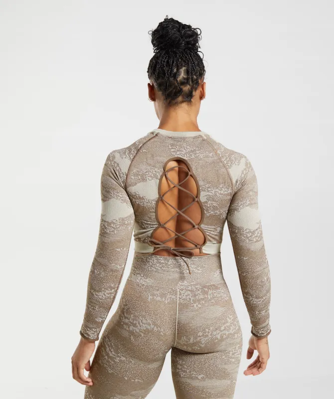 Gymshark Adapt Camo Seamless Lace Up Back Top - Pebble Grey/Soul Brown sold by Gymshark
