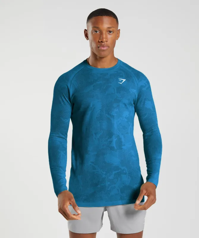 Gymshark Geo Seamless Long Sleeve T-Shirt - Atlantic Blue/Shark Blue sold by Gymshark