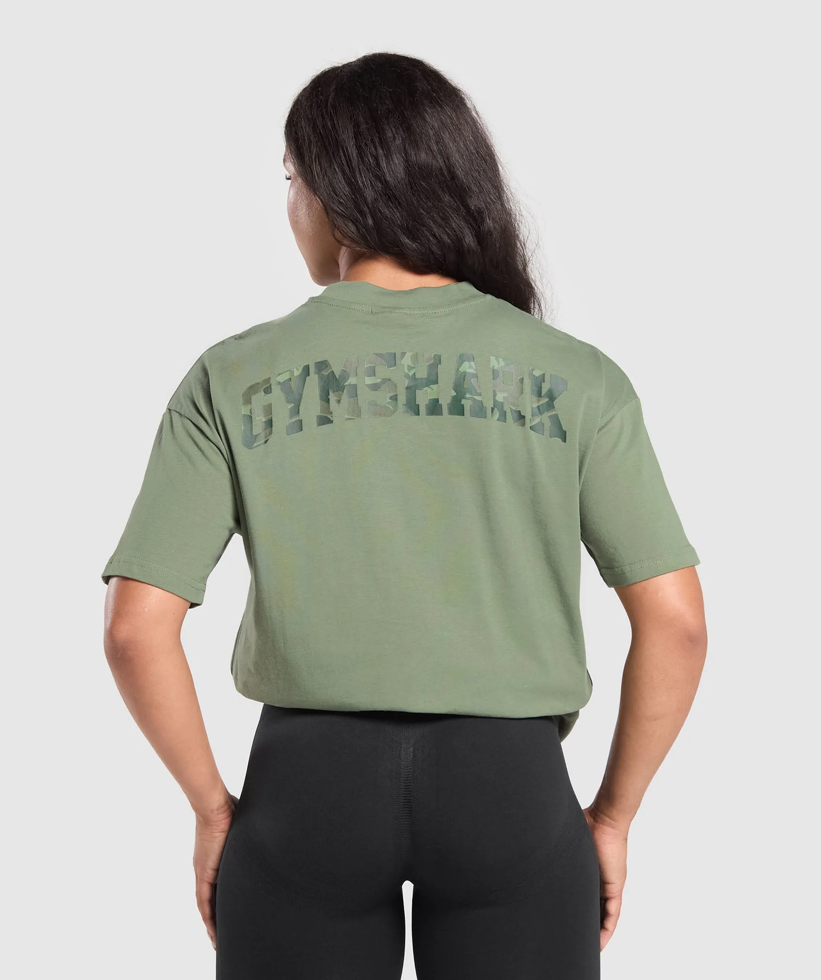 Gymshark Adapt Camo Graphic Oversized Top - Force Green sold by Gymshark