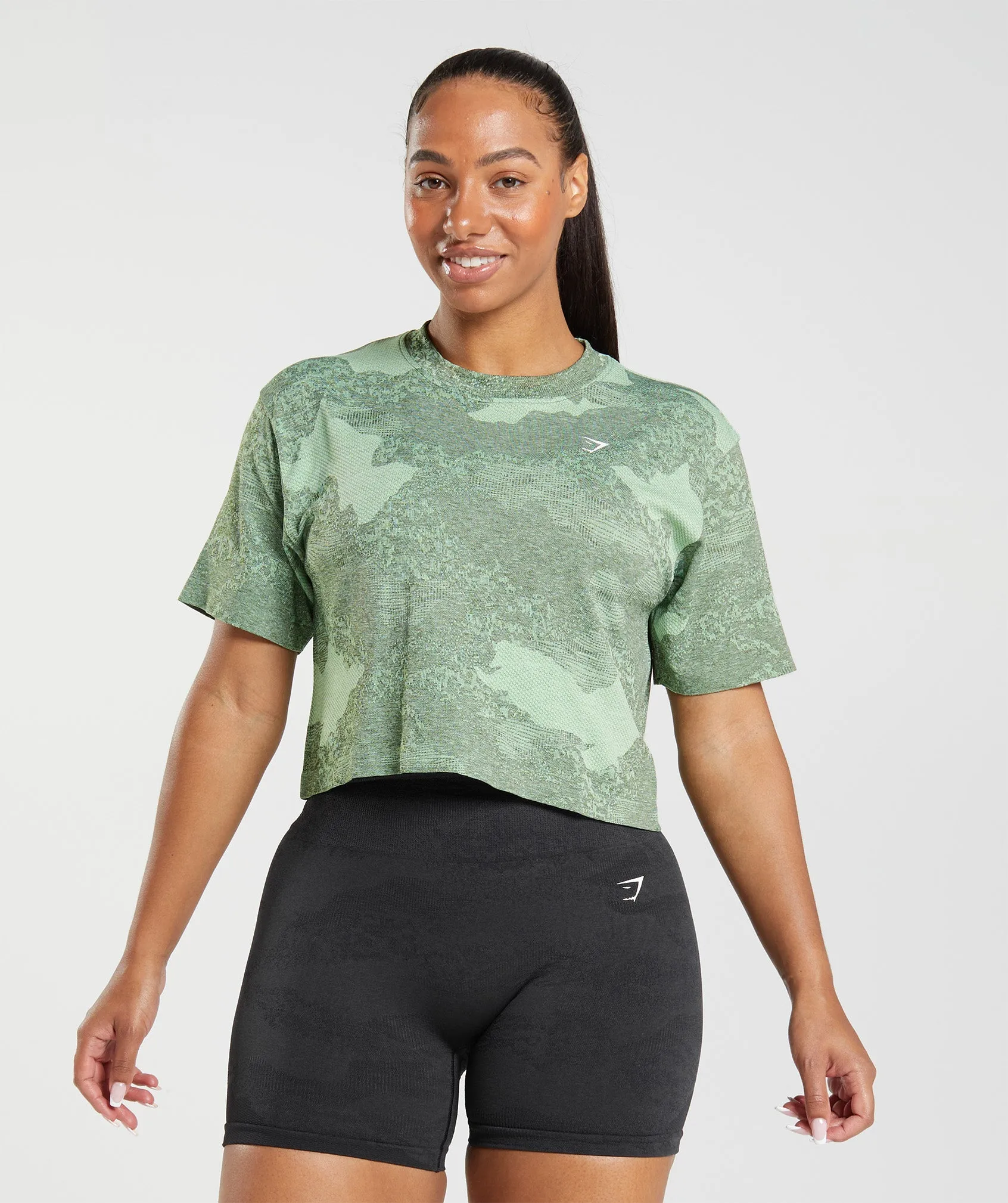 Gymshark Adapt Camo Seamless Crop Top - Aloe Green/Moss Olive sold by Gymshark