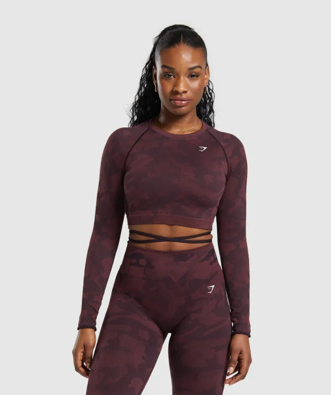 Gymshark Adapt Camo Seamless Long Sleeve Crop Top - Plum Brown/Burgundy Brown sold by Gymshark