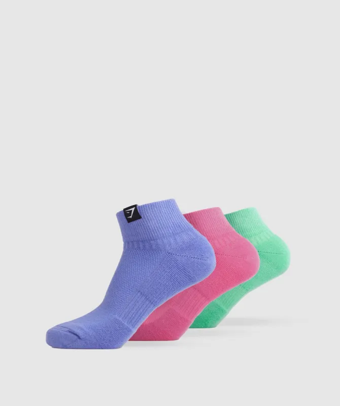 Gymshark Woven Tab Quarter Socks 3pk - Fuchsia/Blue/Grape Blue sold by Gymshark