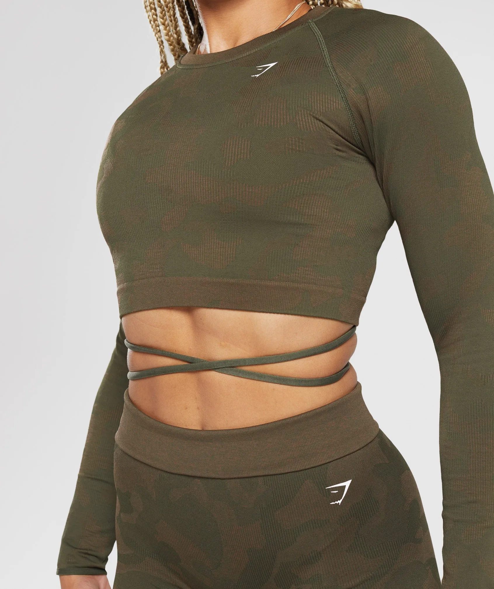 Gymshark Adapt Camo Seamless Ribbed Long Sleeve Crop Top - Winter Olive/Soul Brown sold by Gymshark product image thumbnail 5