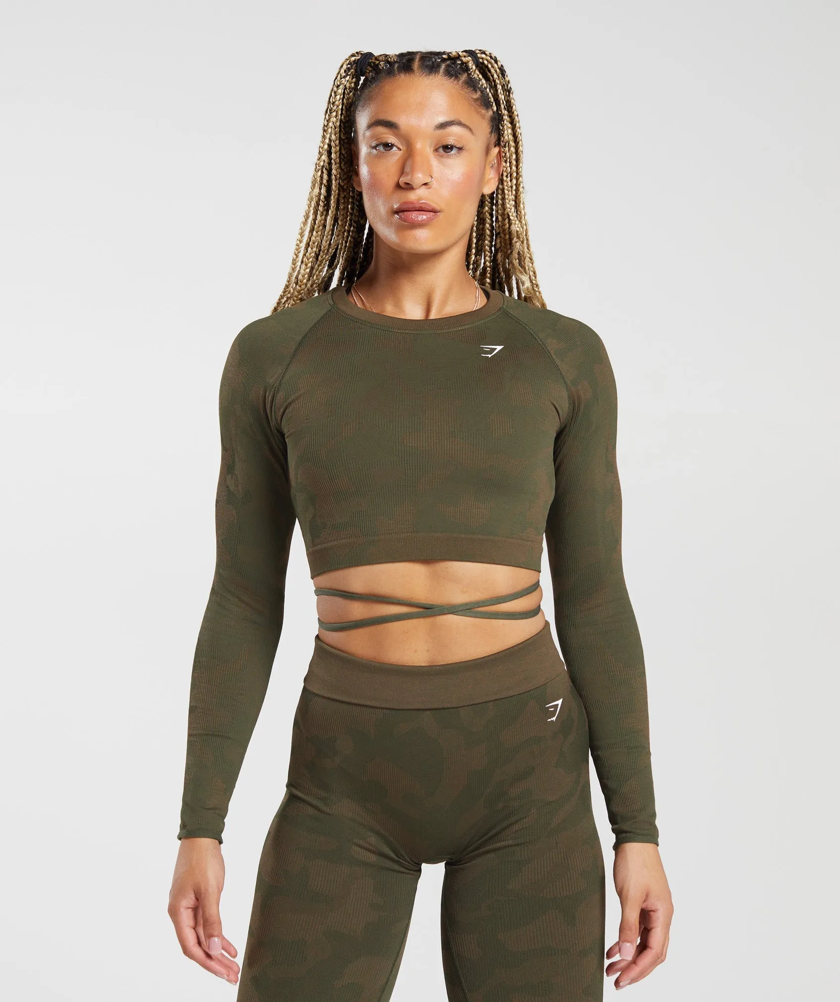 Gymshark Adapt Camo Seamless Ribbed Long Sleeve Crop Top - Winter Olive/Soul Brown sold by Gymshark