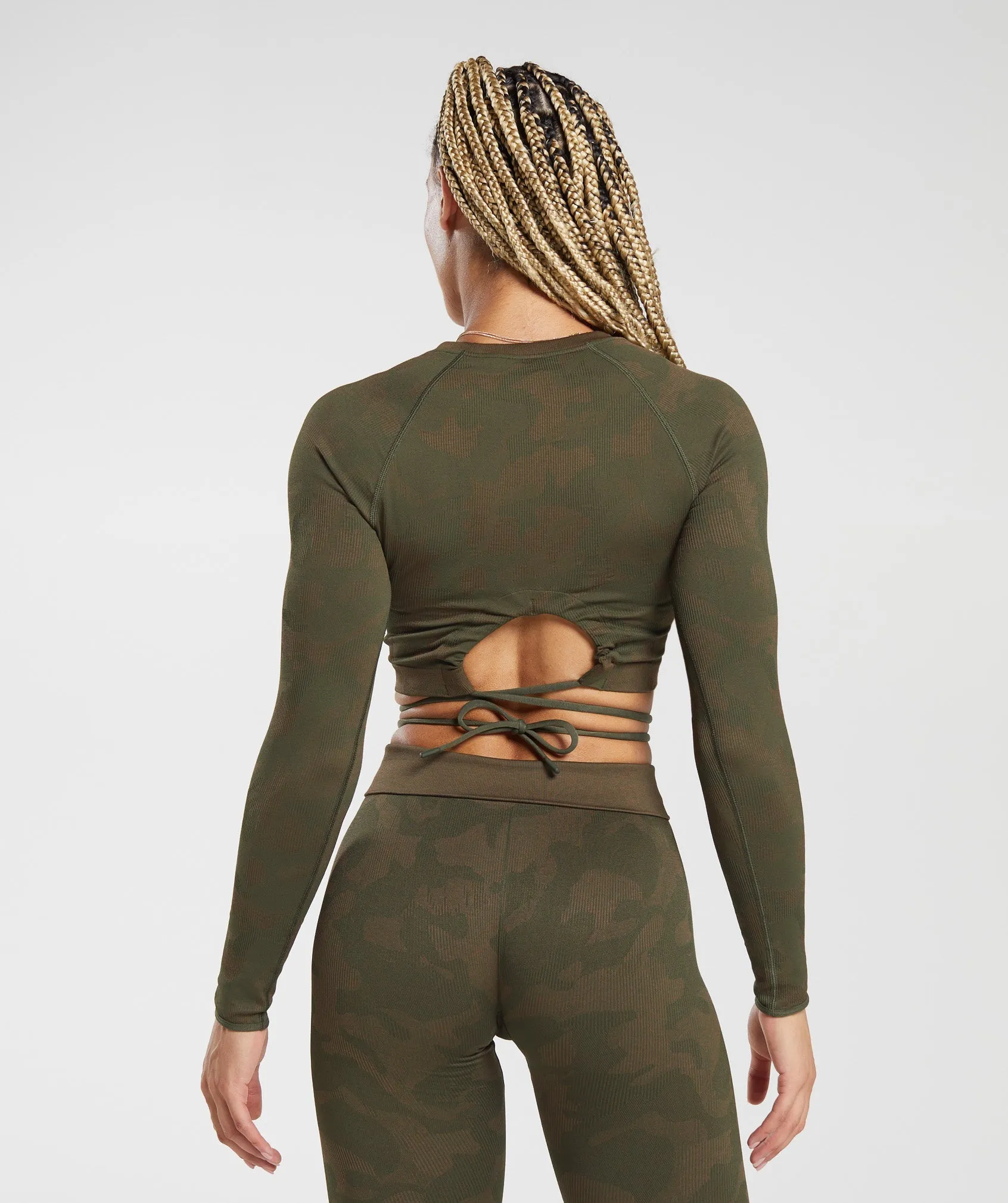 Gymshark Adapt Camo Seamless Ribbed Long Sleeve Crop Top - Winter Olive/Soul Brown sold by Gymshark product image thumbnail 2