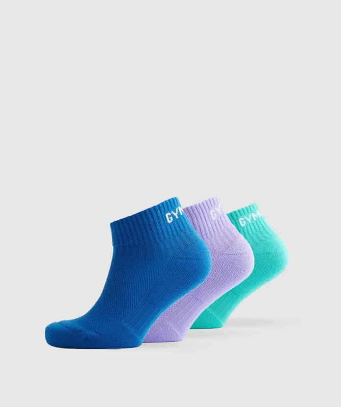 Gymshark Jacquard Quarter Socks 3Pk - Aqua Blue/Digital Violet/Meridian Blue sold by Gymshark
