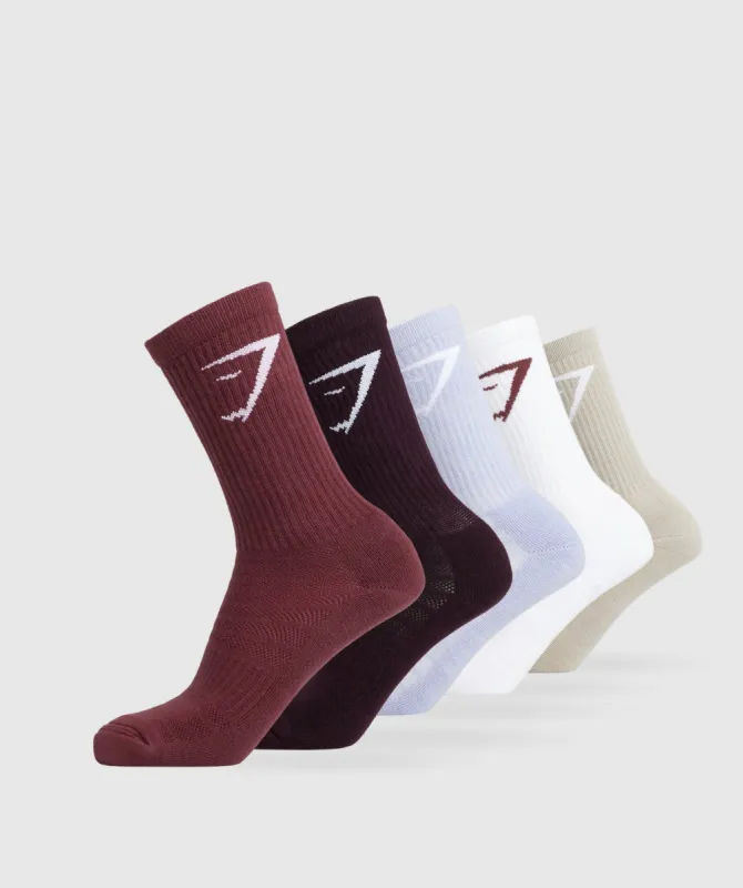 Gymshark Crew Socks 5pk - Brown/Lilac/Burgundy/Plum/White sold by Gymshark