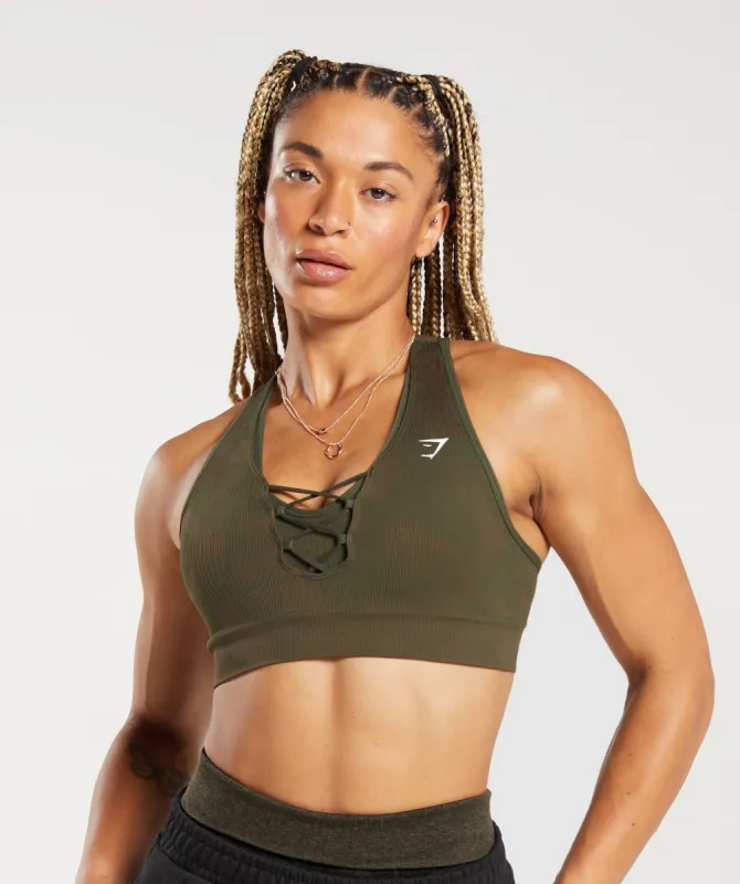 Gymshark Adapt Camo Seamless Ribbed Sports Bra - Winter Olive/Soul Brown sold by Gymshark