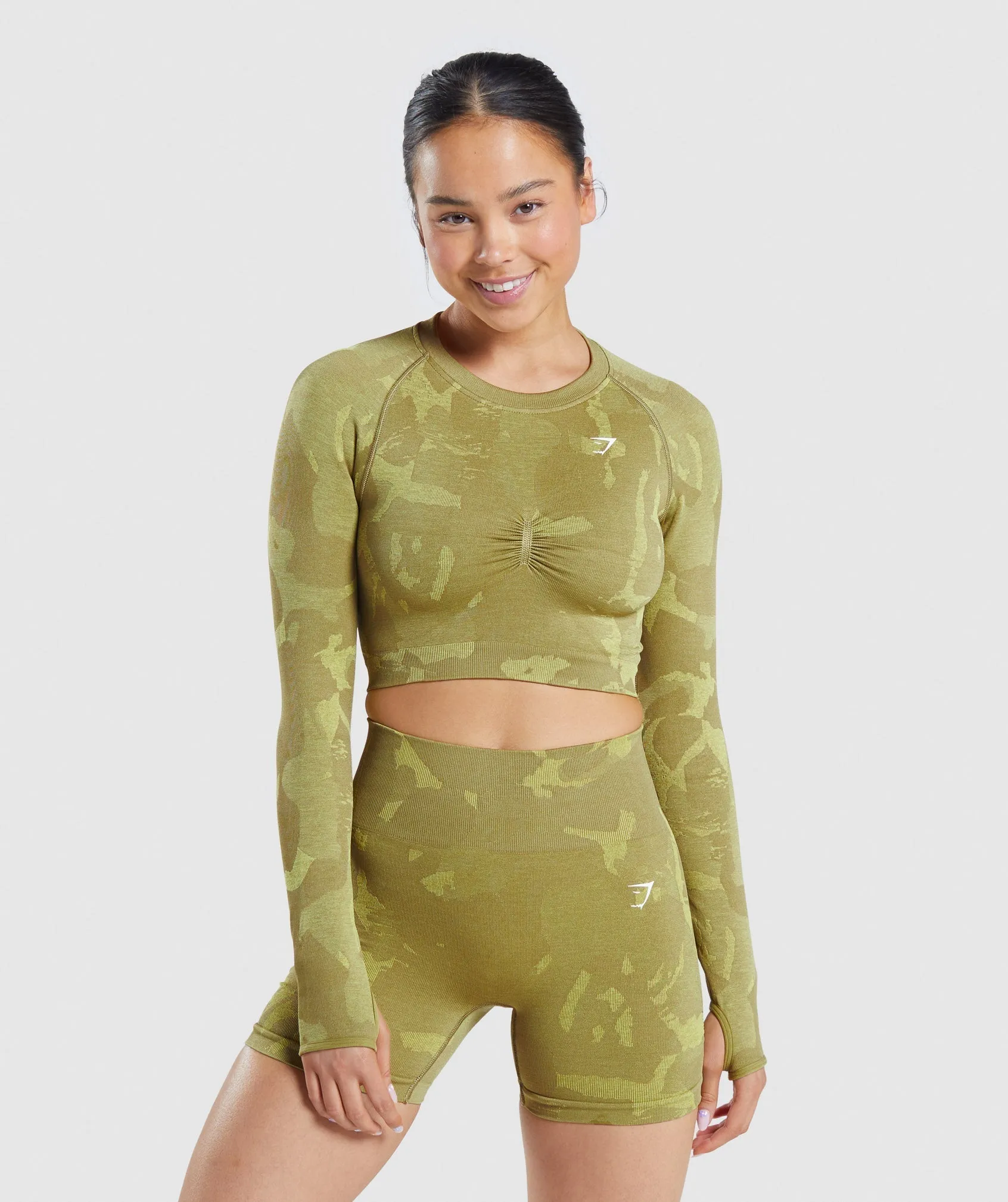 Gymshark Adapt Camo Seamless Long Sleeve Crop Top - Savanna | Griffin Green sold by Gymshark