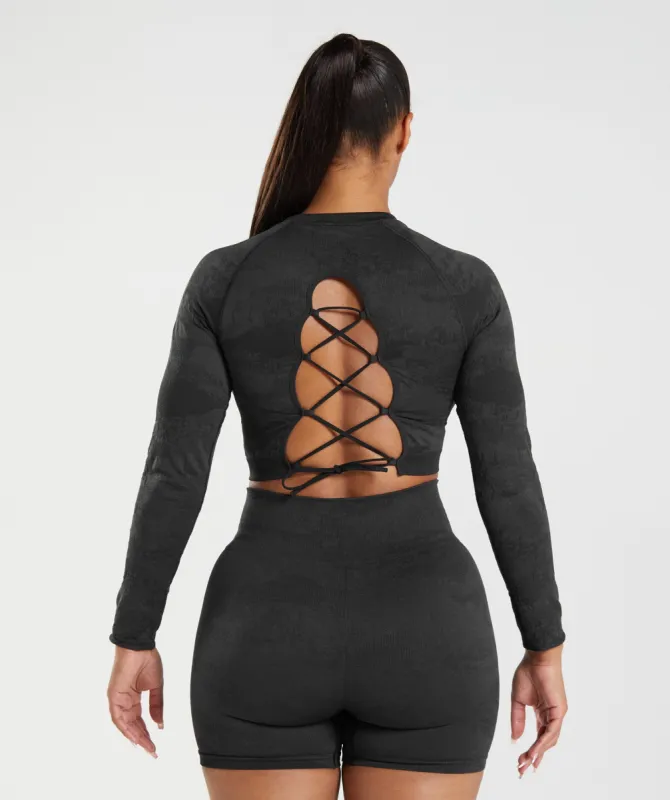 Gymshark Adapt Camo Seamless Lace Up Back Top - Black/Onyx Grey sold by Gymshark