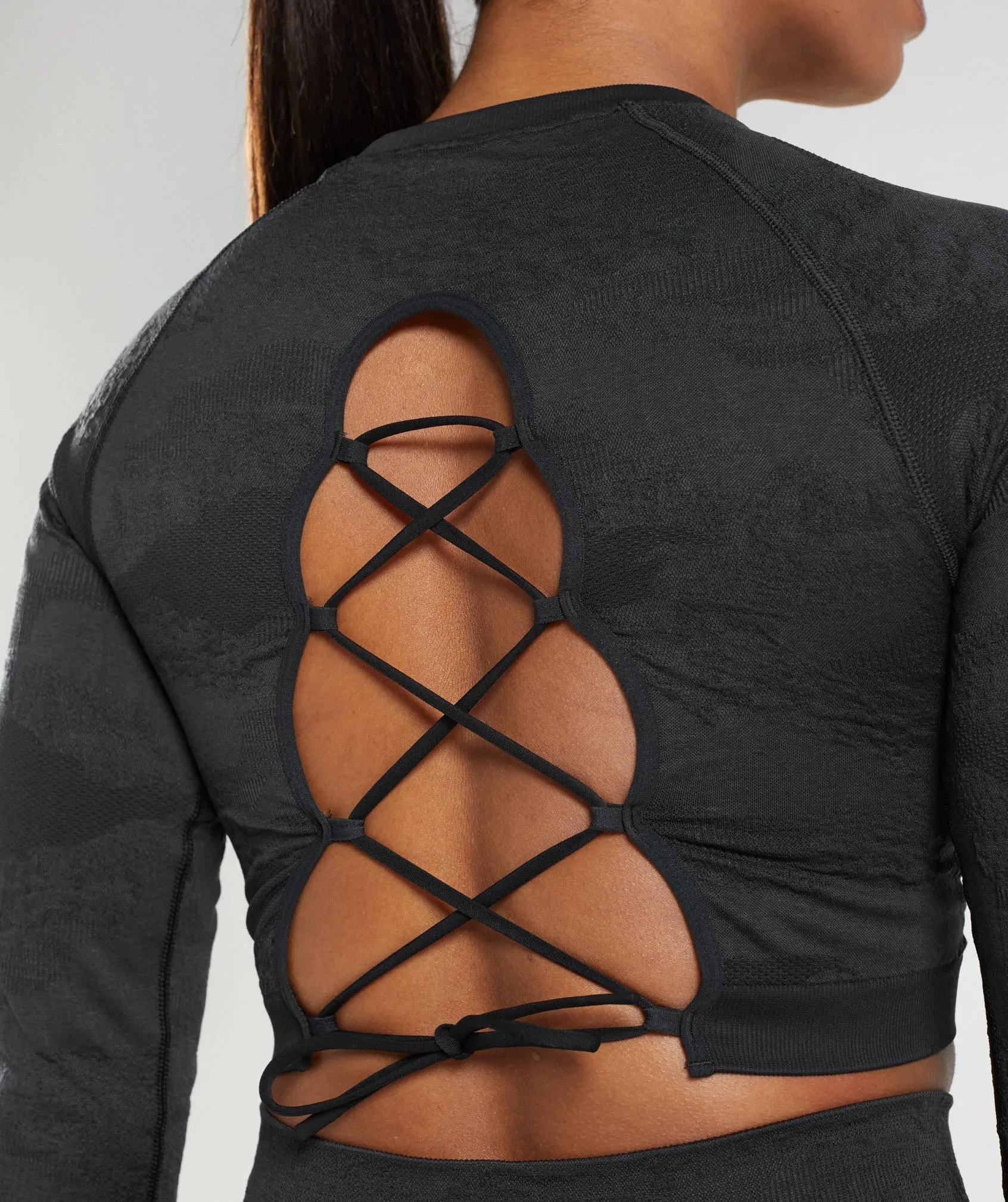 Gymshark Adapt Camo Seamless Lace Up Back Top - Black/Onyx Grey sold by Gymshark product image thumbnail 5