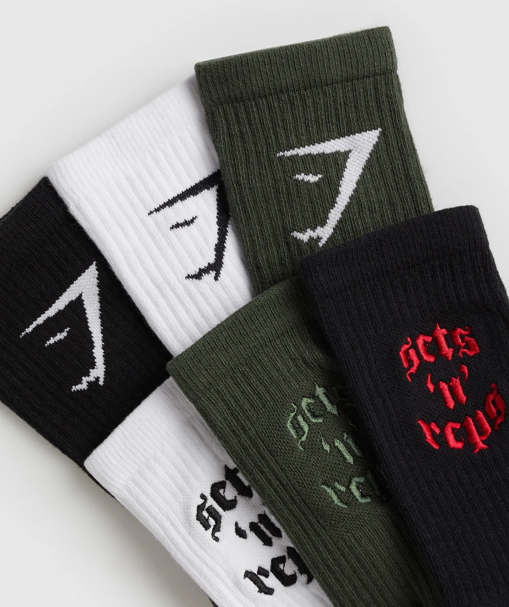 Gymshark Sets and Reps 3pk Crew Socks - White/Winter Olive/Black sold by Gymshark product image thumbnail 2