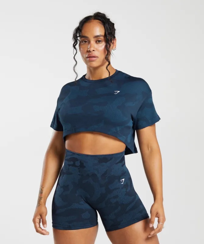 Gymshark Adapt Camo Seamless Ribbed Crop Top - Midnight Blue/Ash Blue sold by Gymshark