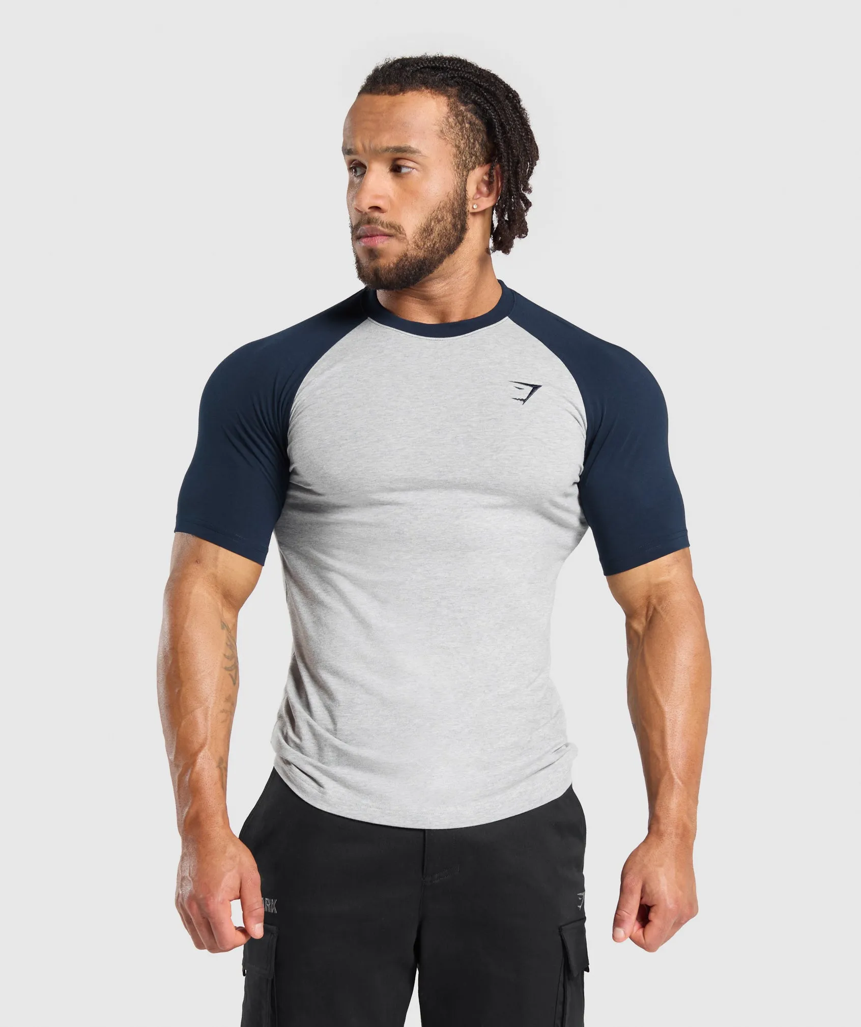 Gymshark Raglan T-Shirt - Light Grey Core Marl/Navy sold by Gymshark