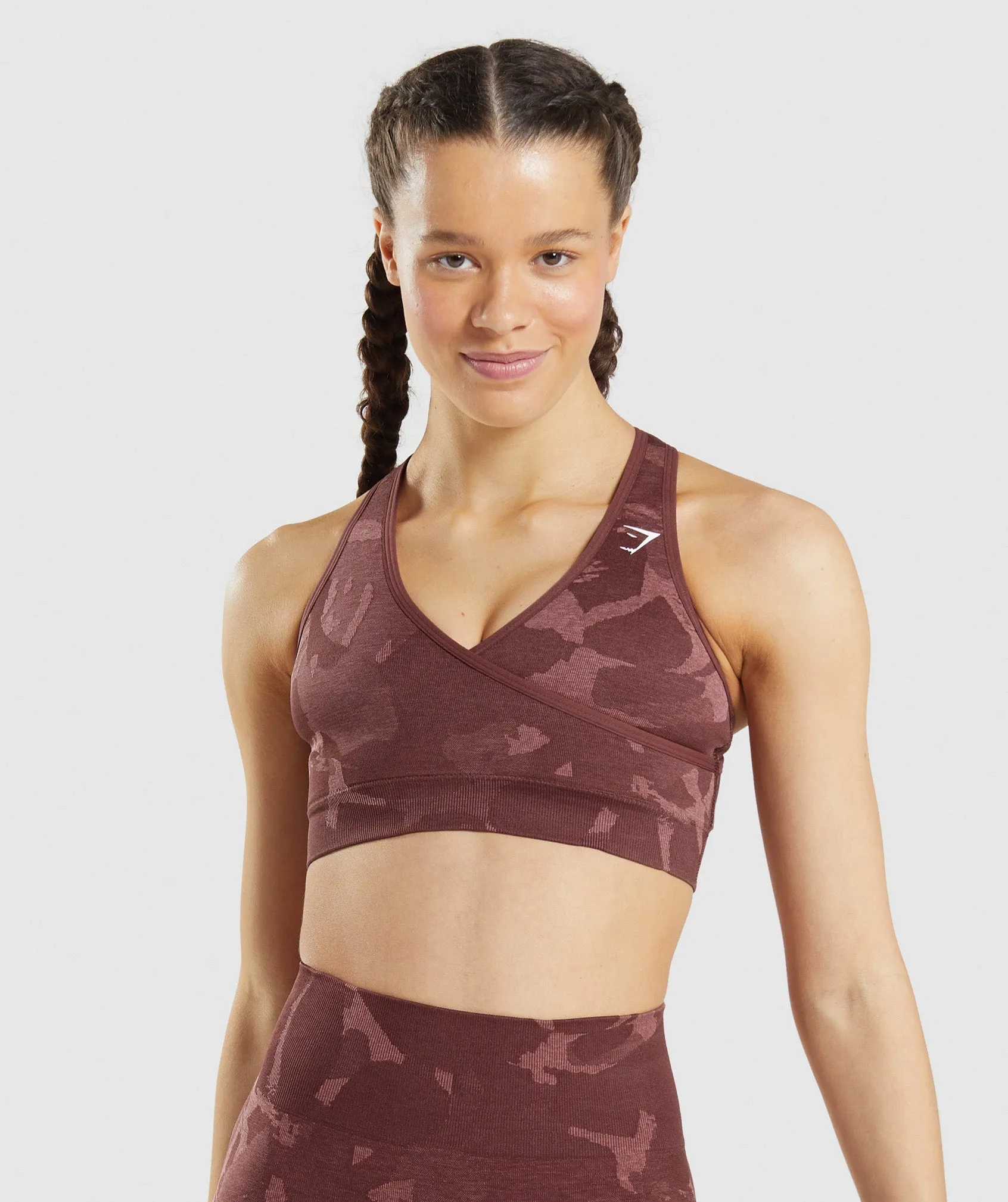 Gymshark Adapt Camo Seamless Sports Bra - Savanna | Cherry Brown sold by Gymshark