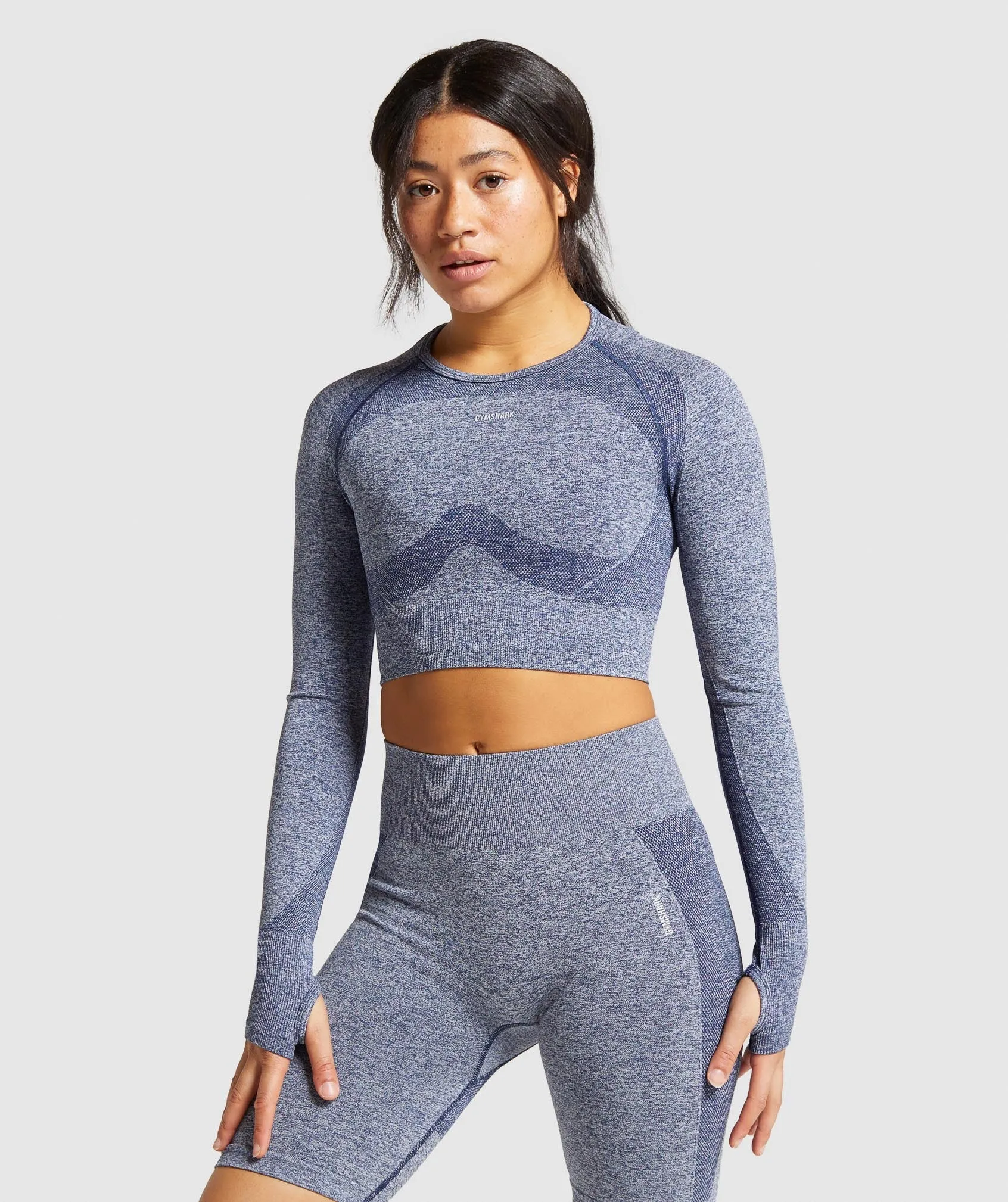 Gymshark Flex Sports Long Sleeve Crop Top - Navy Marl/Light Grey sold by Gymshark