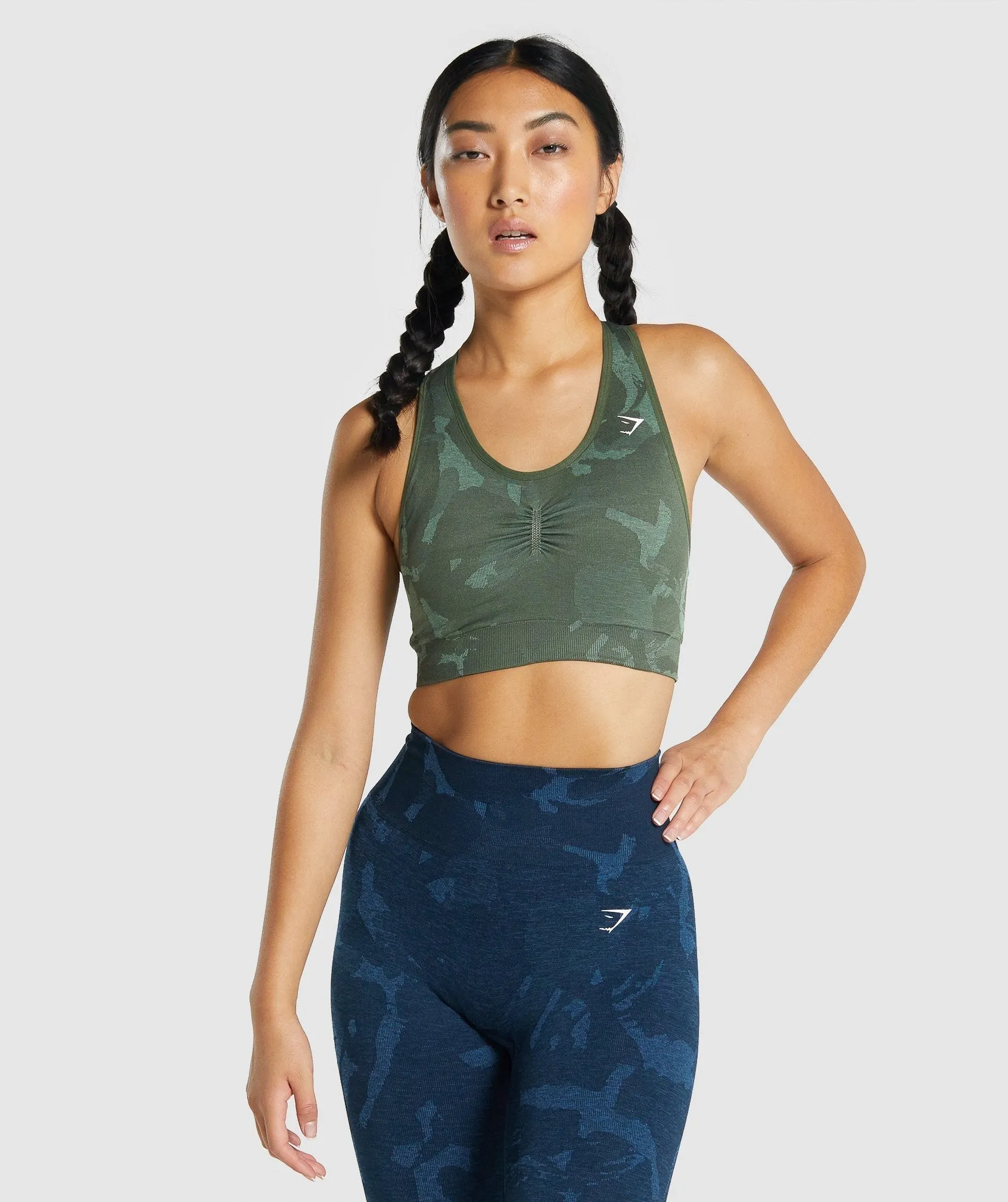 Gymshark Adapt Camo Seamless Racer Back Sports Bra - Savanna | Green sold by Gymshark