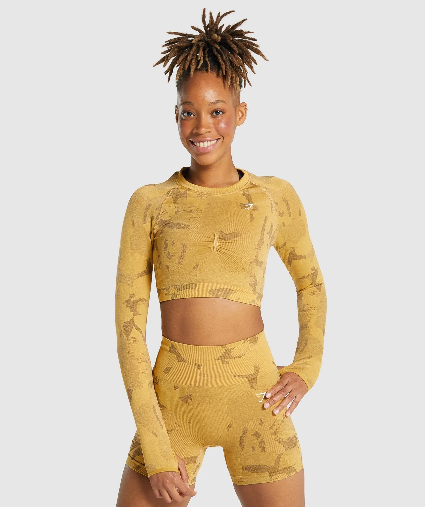 Gymshark Adapt Camo Seamless Long Sleeve Crop Top - Savanna | Yellow sold by Gymshark
