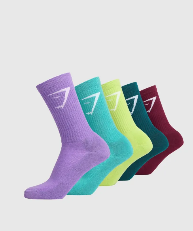 Gymshark Crew Socks 5pk - Plum Pink/Deep Teal/Citrus Green/Capri Blue/Grape Purple sold by Gymshark